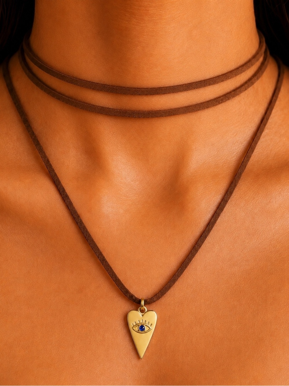 Gold Heart Eye Pendant Necklace on Brown Suede Cord 18K Real Gold Plated